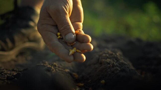 A farmer's hand carefully scatters corn kernels into the loose soil of a fertile field, embedding the cereal grain seeds for future crop manufacture in a seasonal sowing process