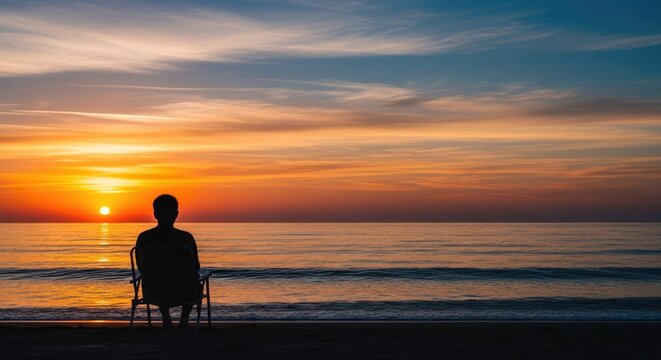 Silhouette of person watching sunset over ocean dramatic sky copy space