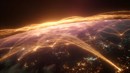 Obraz premium Global network glows above Earth sunrise vibrant digital connection futuristic innovation serene planetary perspective