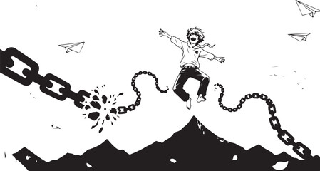 Breaking free vector illustration, man escaping from chain © Uttam