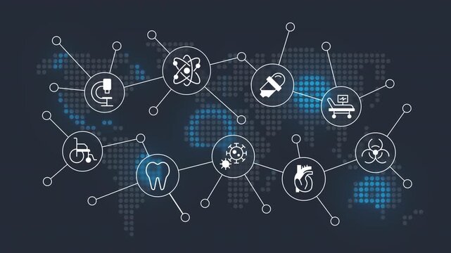 Global healthcare system animated banner with line icons. International medicine development. Communication. Outline symbols on dynamic background. HD video for website header and presentation