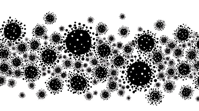An artistic representation of multiple black virus cells. The cells are illustrated as round shapes with spikes, showing their spread and nature