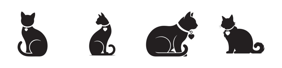 Fototapeta premium Four black cat silhouettes wearing heart shaped collar tags shown in various sitting poses