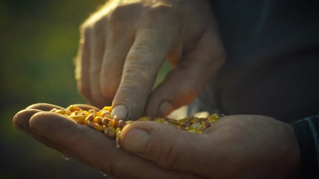 Farmer's hands carefully inspect and sort high-quality corn grains in rural setting before proceeding to plant the selected seeds on the agricultural plantation, ensuring optimal growth and crop yield