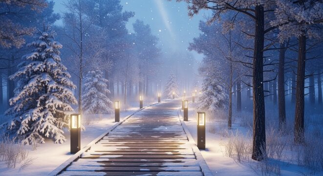 Snowy path through forest illuminated by lanterns in winter landscape