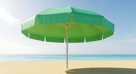 Fototapeta premium Green Beach Umbrella on Sandy Shore.
