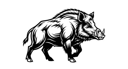 Fototapeta premium Stylized black and white illustration of a wild boar walking forward