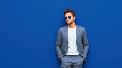 Fototapeta premium startup founder casual business look on a blue business background ar 169