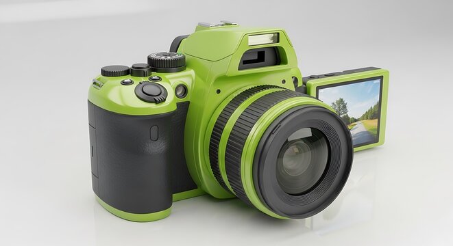 Green Digital Camera with Lens and Screen.