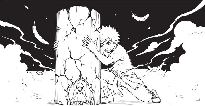 Vector illustration of a man pushing a giant boulder