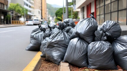 Overflowing Trash Bags Grouped Along Deserted City Street View