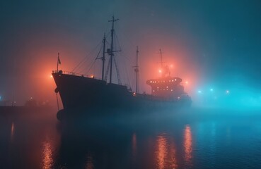 Fototapeta premium Large old ship in thick fog at harbor. Red and blue lights glow through mist. Nautical vessel floats on dark water. Nighttime maritime scene.