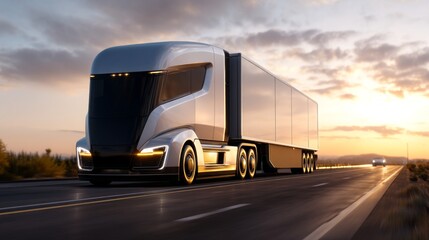 Obraz premium Modern Electric Truck Driving on Open Highway at Sunset