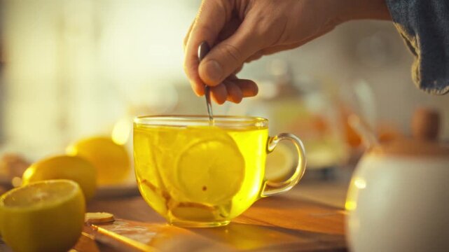 In a peaceful morning atmosphere, a man gently stirs a revitalizing tea infusion, featuring a fresh slice of lemon and citrus in a glass mug, releasing a burst of yellow citrusy aroma