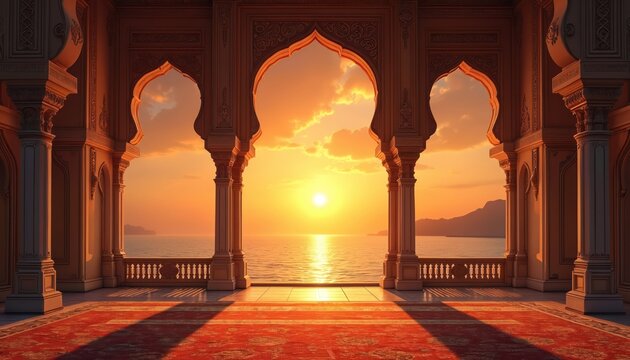 Ornate Indian palace arches frame a vibrant ocean sunset. Warm light reflects on calm sea water. Red carpeted floor shows long shadows from ornate architecture.