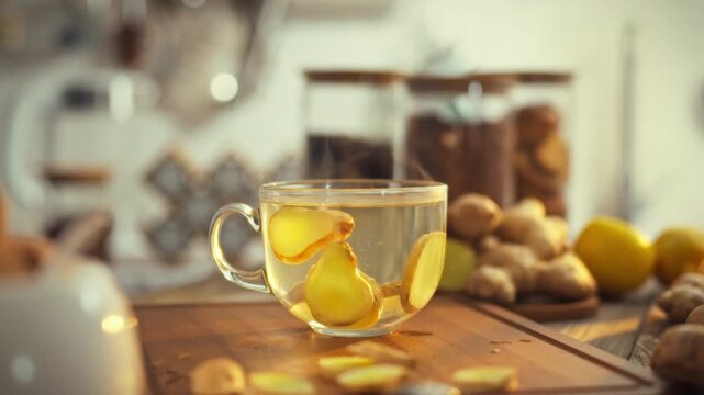 In a cozy kitchen, a man's hand carefully adds a slice of fresh ginger to steaming tea, releasing a potent aroma rich in vitamins and minerals