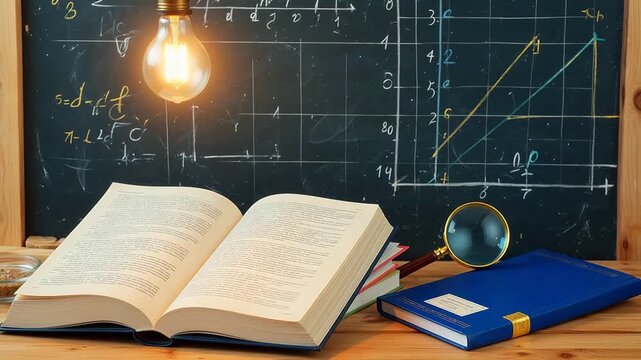 Book and light bulb on desk with blackboard