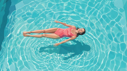 A serene woman in a pink swimsuit floats peacefully on her back in a sparkling blue swimming pool. A beautiful illustration of summer relaxation and leisure.