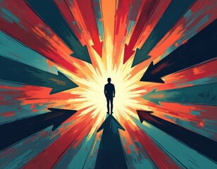 Fototapeta premium Person stands in center colorful tunnel abstract. Dynamic arrows point inward, signifying pressure, focus, decision making under chaos. Mental challenge, choice, or uncertainty concept.