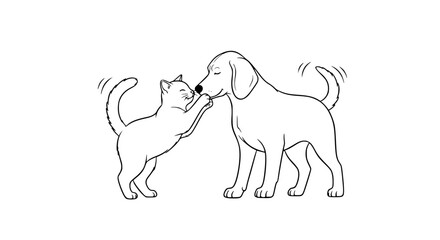playful cat and dog playing together, black and white vector illustration, simple line art, friendly pets interaction, clean vector lines, isolated background, modern stock illustration