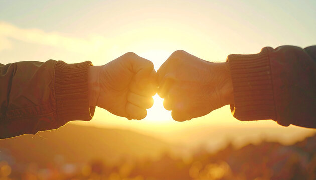 Two people bumping fists. Support, cooperation and partnership success, glowing horizon in background