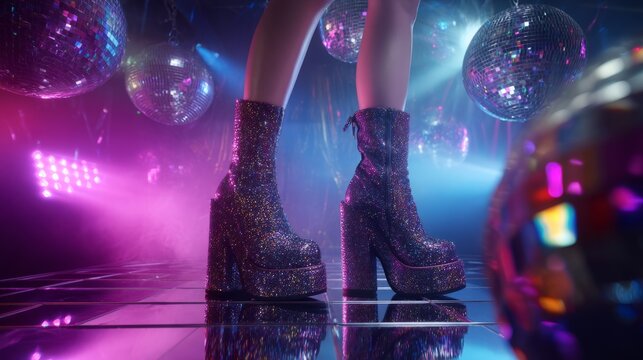 Glamorous Platform Boots on Shiny Dance Floor Surrounded by Disco Balls