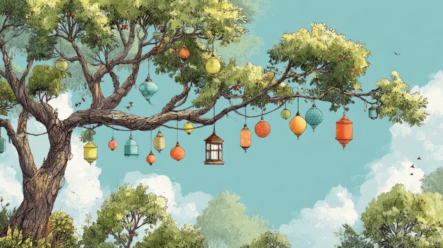 Whimsical 2D Illustration of a Tree Adorned with Colorful Hangi Lanterns
