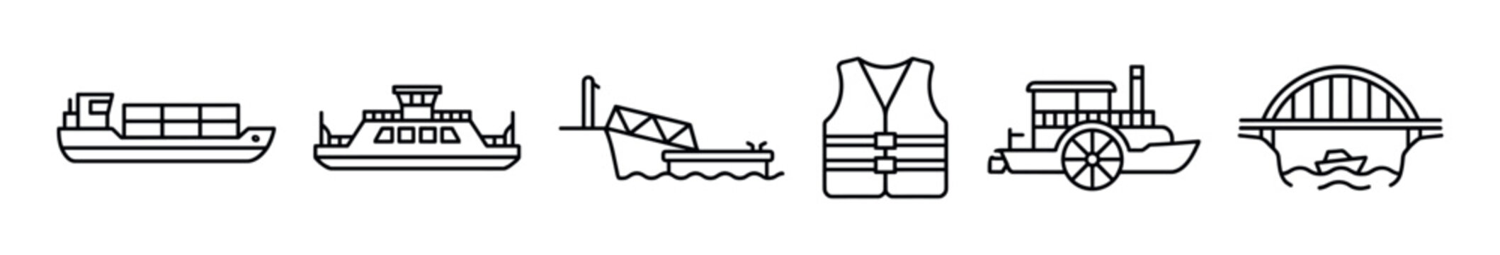 Set of black line art icons representing water transport, shipping, and maritime safety, including a cargo ship, ferry, life vest, paddle steamer, and a bridge over a river