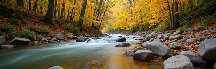 Flowing river through a rocky forest in autumn. Bright yellow leaves on trees line the banks of the moving water. Stones and fallen leaves cover the ground.