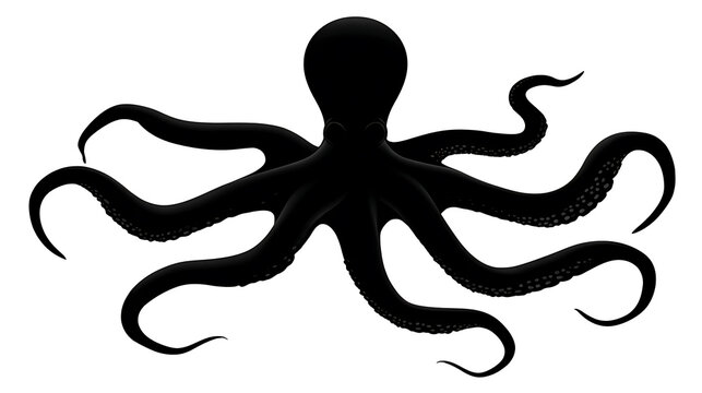 A silhouette of an octopus, its tentacles spread out, presented in a minimalist, artistic style. The creature&rsquo;s form is depicted in a striking dark hue against a pristine background.