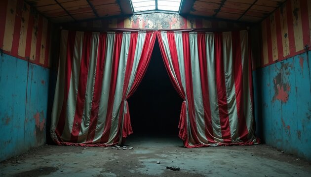 Abandoned circus tent interior with ripped red and white curtains open to darkness. Grimy floor and peeling walls set spooky, eerie mood. Used for halloween, horror themes.