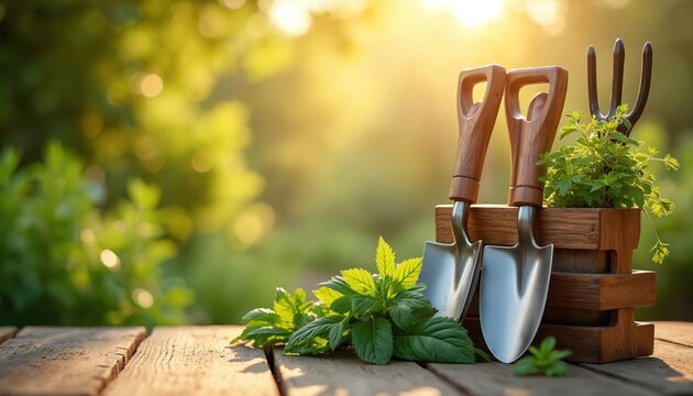 Garden tools rest on wooden table near green plants. Sunlight shines through blurred foliage in a backyard scene. Shovel trowel and fork await planting work. Rich nature backdrop.