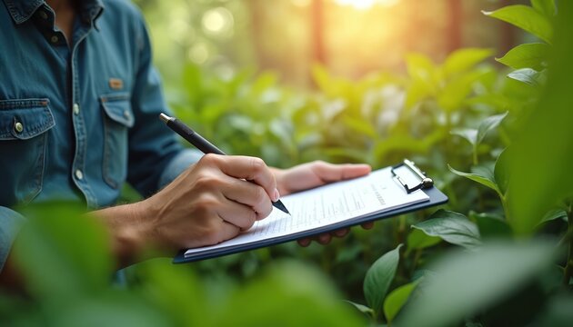 Person in blue denim shirt writing on clipboard with pen. Surrounded by green leaves and sunlight. Focused on environmental survey or research in nature.