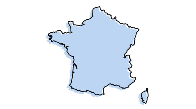 Minimalist France Map Outline Illustration with Offset Blue Shadow, Hand Drawn Vector Style Graphic of French Geography for Travel and Business