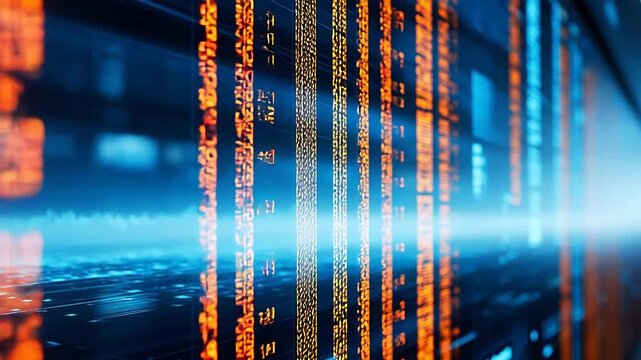 Digital code streams on server racks