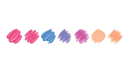 Fototapeta premium Seven distinct, hand-drawn scribble swatches are arranged horizontally in a row against a pristine white background.