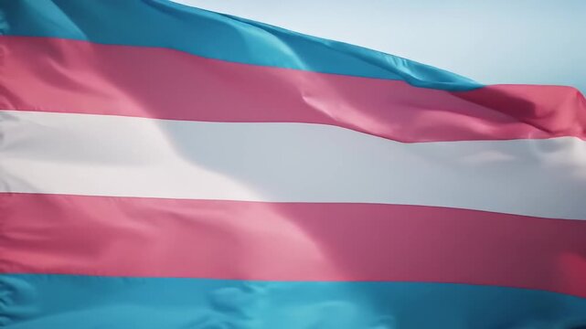 Transgender flag with horizontal light blue, pink, and white stripes waving in the wind