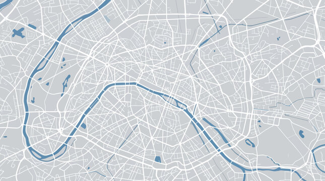 Minimalist Paris City Map Illustration with Blue Seine River and Detailed Street Network