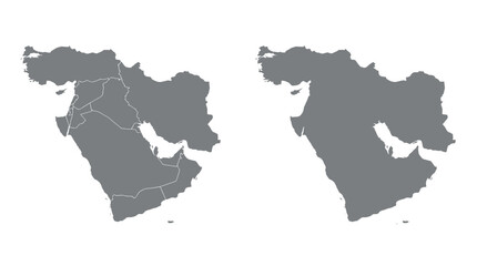 Fototapeta premium Map of the Middle East and Western Asia Silhouettes with Country Borders and Solid Outline, Gray Minimalist Infographic Elements Isolated on White Background