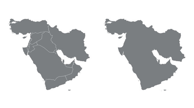 Map of the Middle East and Western Asia Silhouettes with Country Borders and Solid Outline, Gray Minimalist Infographic Elements Isolated on White Background