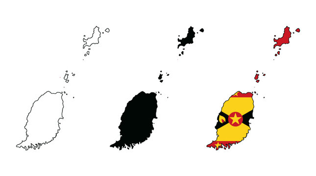 Grenada Map Set: Silhouette, Outline, and Flag Overlay Map Vector Illustration on White Background