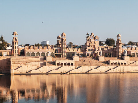 Kota Riverfront heritage architecture with domed pavilions, arched corridors and stepped ghats along Chambal River, Rajputana and Hadoti style waterfront landmark in Kota Rajasthan cityscape.