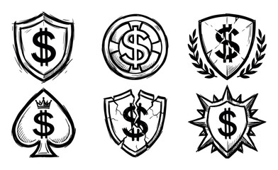 Fototapeta premium Set of six hand-drawn dollar sign icons in a sketch style representing financial security, wealth, risk, and economic protection with various shield and emblem designs