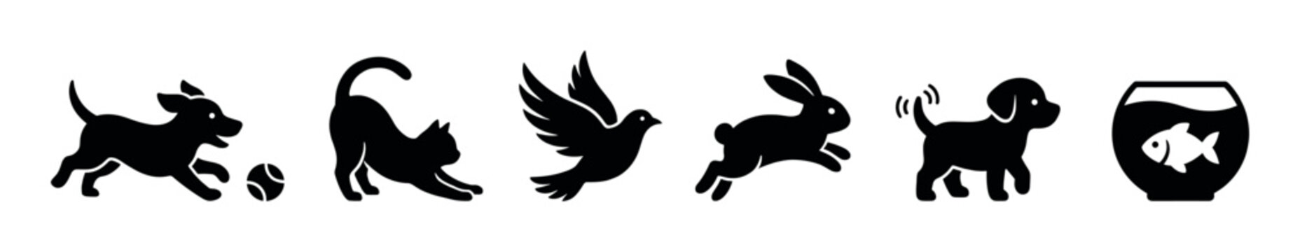 Set of black pet animal silhouettes featuring a playful dog, cat, bird, rabbit, and fish in a bowl, designed in a clean, minimalist graphic icon style for various concepts