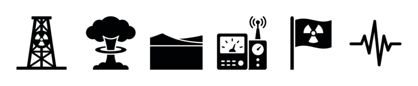 Set of black disaster warning icons featuring a nuclear mushroom cloud, tsunami wave, oil derrick, Geiger counter, radiation flag, and an earthquake seismic wave symbol