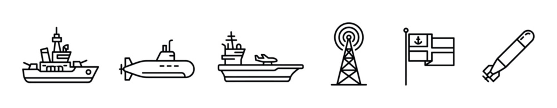 Set of military and naval icons in a minimalist black line art style, featuring a warship, submarine, aircraft carrier, radio tower, anchor flag, and a missile