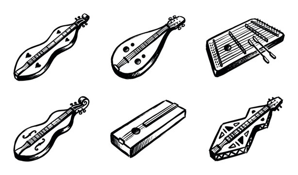 Collection of six hand-drawn folk string instruments in a simple black and white sketch style, featuring various dulcimers, zithers, and lutes for traditional music concepts