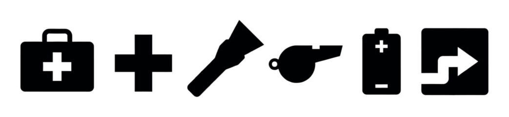 Obraz premium Set of black emergency preparedness icons showing a first aid kit, flashlight, whistle, battery, and exit sign for safety and survival concepts in a flat graphic style