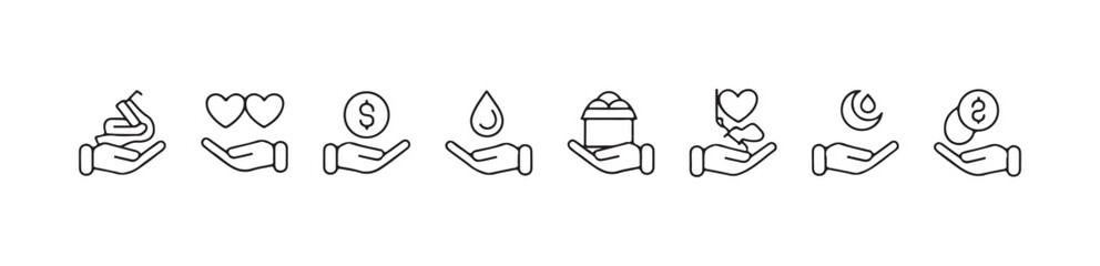 Fototapeta premium Linear vector icons showing hands holding hearts money water gifts and abstract flowing ribbon elements of care.