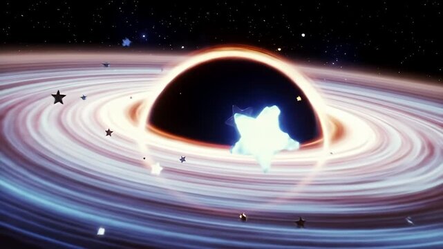 Surreal cosmic scene of a black hole with a swirling galaxy and colorful stars